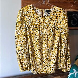Who What Wear Yellow and Brown Smocked Long Sleeve Blouse